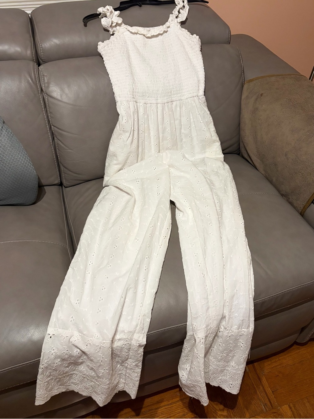 Jessica Simpson White Eyelet Wide-Leg Smocked Jumpsuit